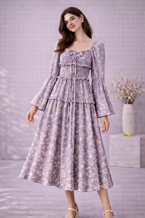 Lavender Bloom Smocked Midi Dress