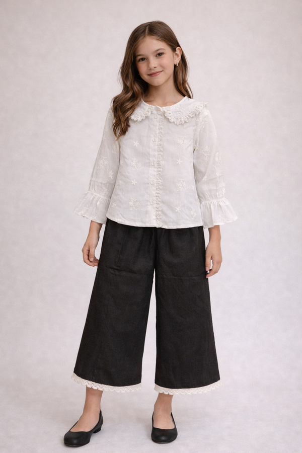 White Lace Collar Top with Black Wide-Leg Pants Set