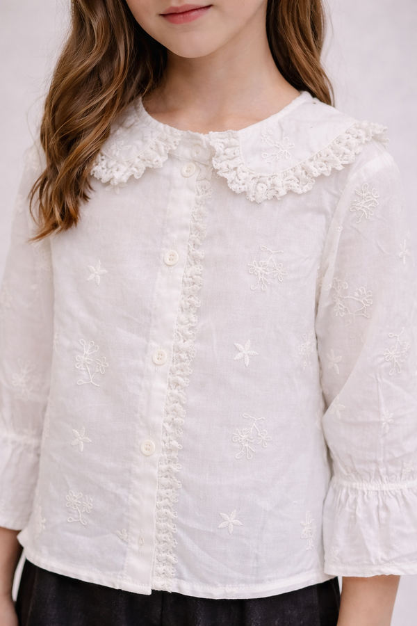 White Lace Collar Top with Black Wide-Leg Pants Set
