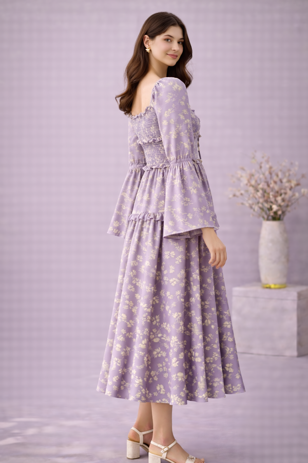 Lavender Bloom Smocked Midi Dress