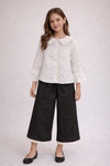 White Lace Collar Top with Black Wide-Leg Pants Set
