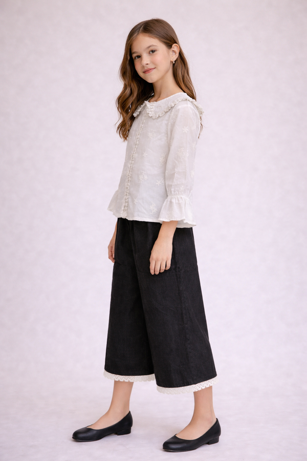 White Lace Collar Top with Black Wide-Leg Pants Set