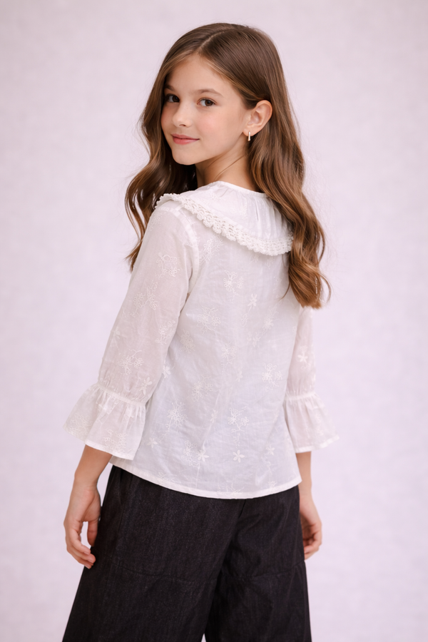White Lace Collar Top with Black Wide-Leg Pants Set